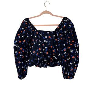 Collusion Black w/ Blue, Red & White Flowers 100% Cotton Crop Corset Top Size 10